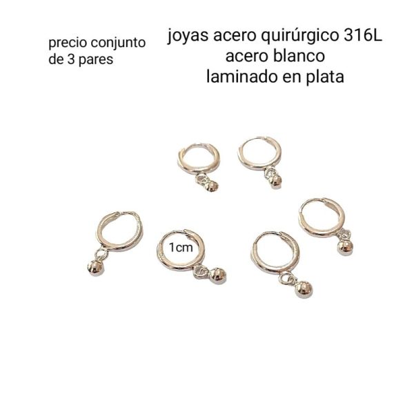 Argollas 1cm con bolitas.precio conjunto de 3 pares
