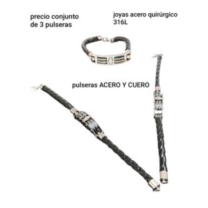 LucD.acero y cuero.precio conjunto de 3  pulseras